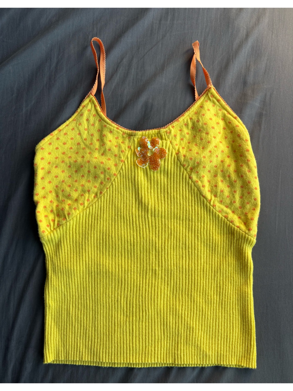 Vintage Y2K Ribbed Cami – Sequin Flower & Polka Dots